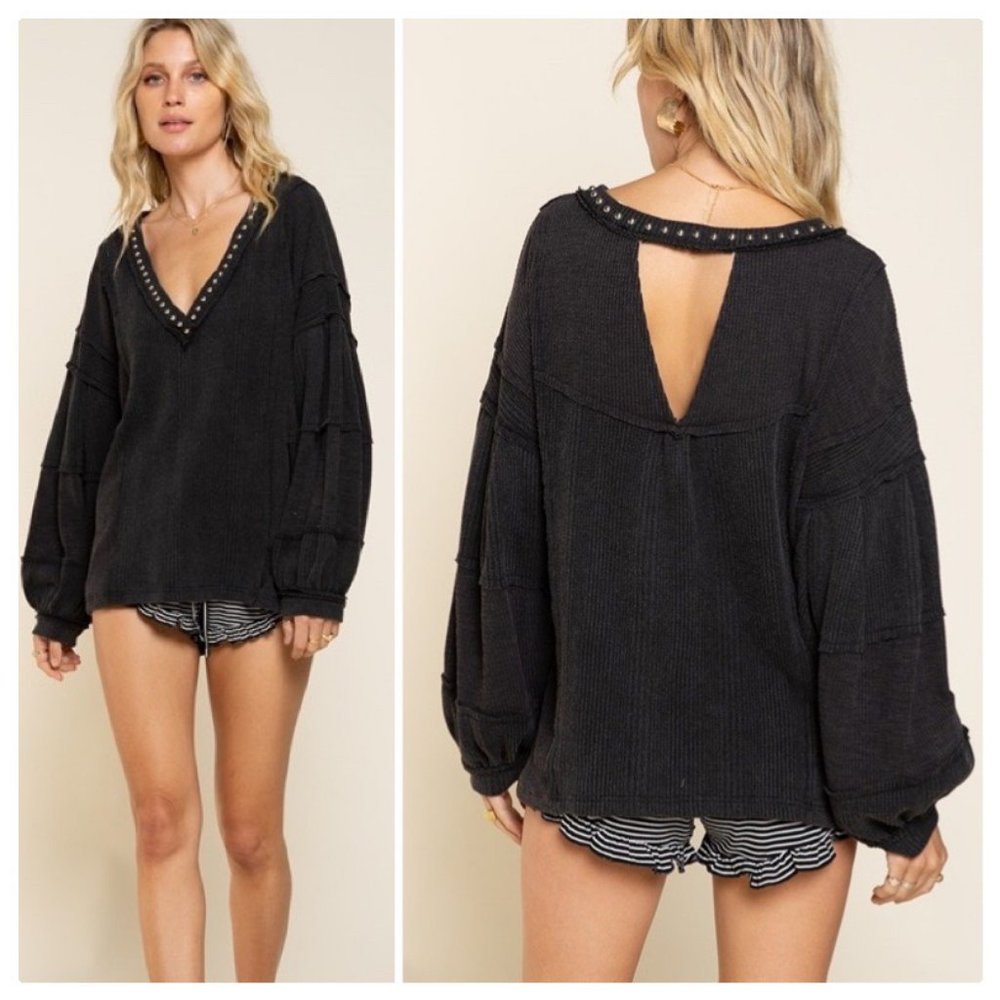 *NEW COLOR* POL Raw Edge Color Block Top - Picture 6 of 16
